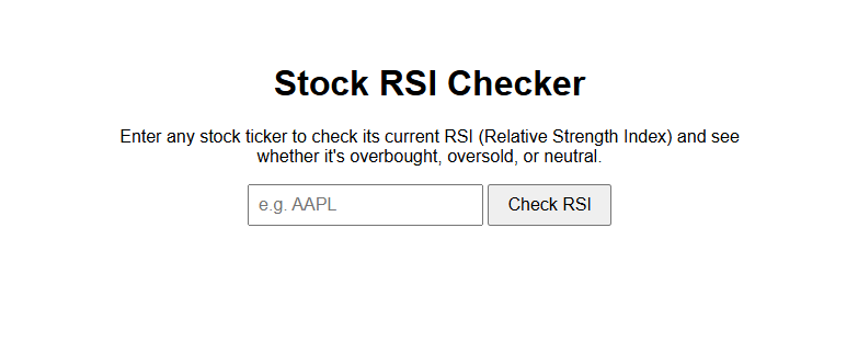 The RSI Alert Bot starting screen with a title, a short description, a text input, and a Check RSI button.