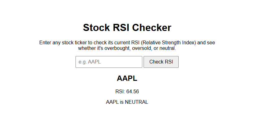 The RSI Alert Bot web interface showing a result for AAPL with an RSI of 64.56 and a neutral status.